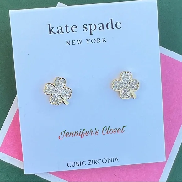 Kate Spade Lucky Charm Gold-Tone Pavé Crystal Clover Stud Earrings NWT - Picture 6 of 8